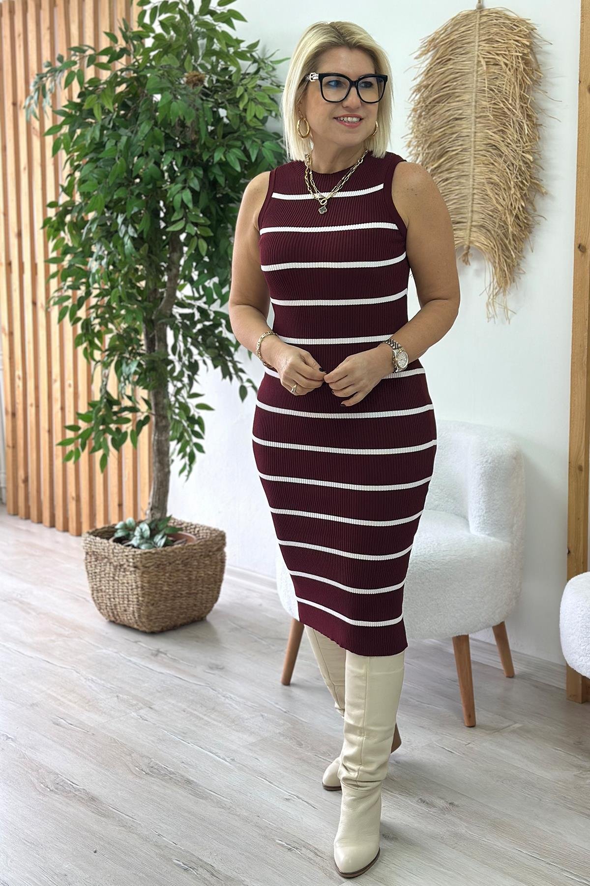 Bordo Kolsuz Çizgili Triko ElbiseELB2401215-BORDO-STD