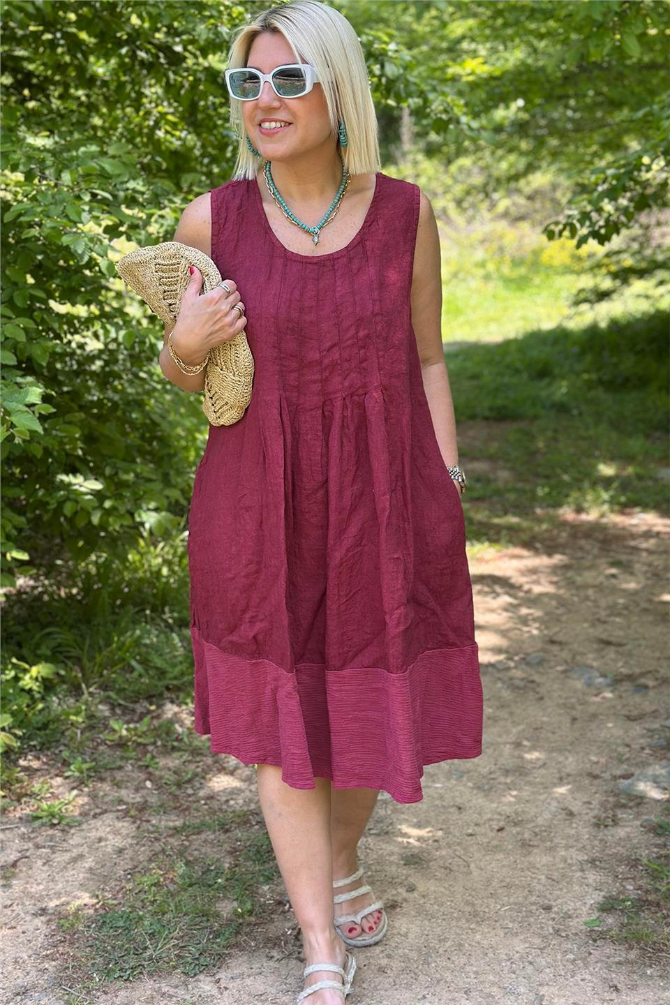 Bordo Kolsuz Garnili Pamuk Keten ElbiseELB2401245-BORDO-STD