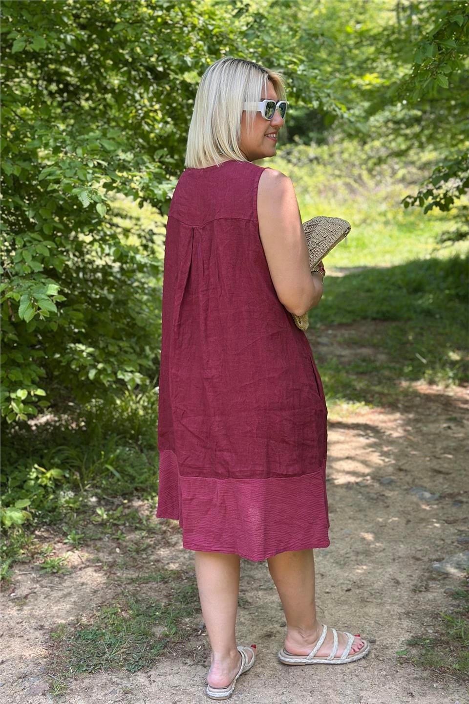 Bordo Kolsuz Garnili Pamuk Keten ElbiseELB2401245-BORDO-STD