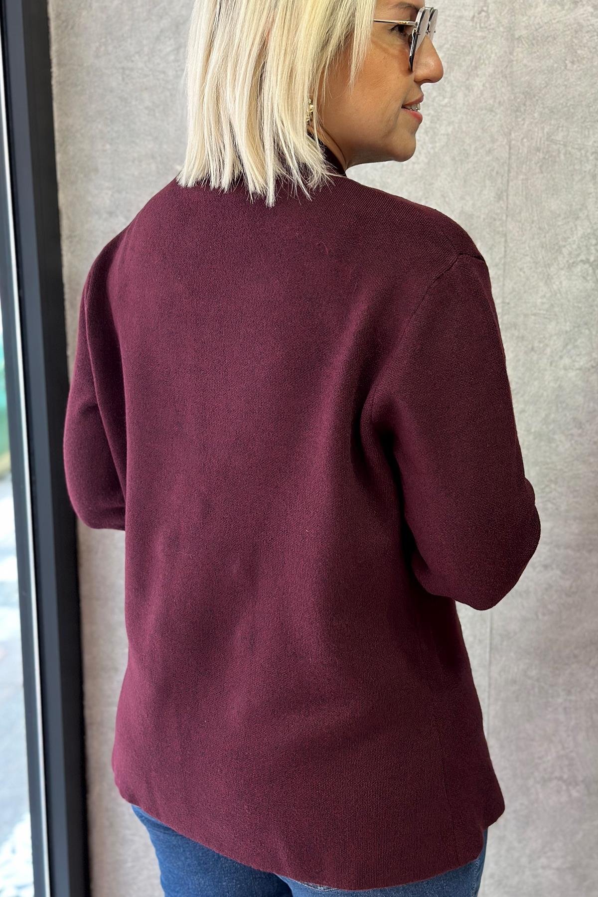 Bordo Kruvaze 6 Düğmeli Çelik Örme Triko HırkaUT24110907-BORDO-STD