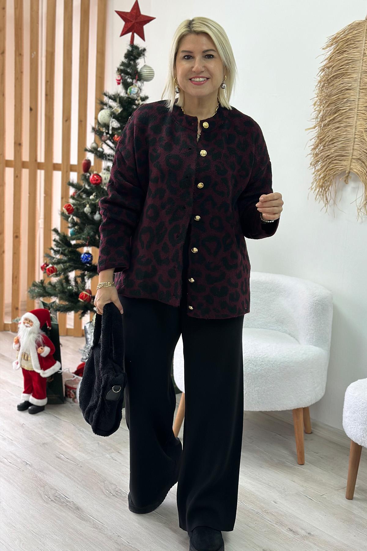 Bordo Leopar Desen Gold Düğmeli HırkaUH24110915-BORDO-STD