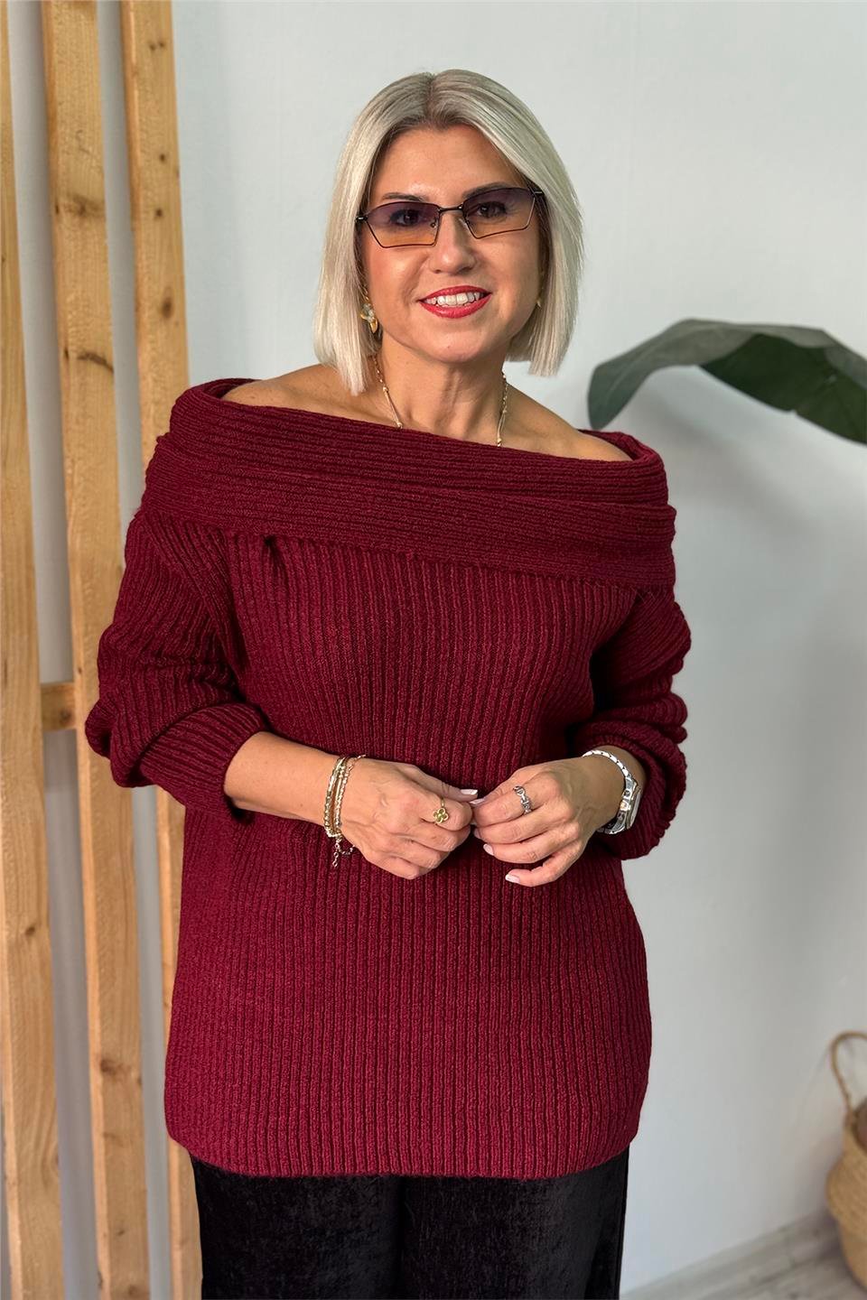 Bordo Madonna Yaka Örme Tunik KazakUT24111005-BORDO-STD