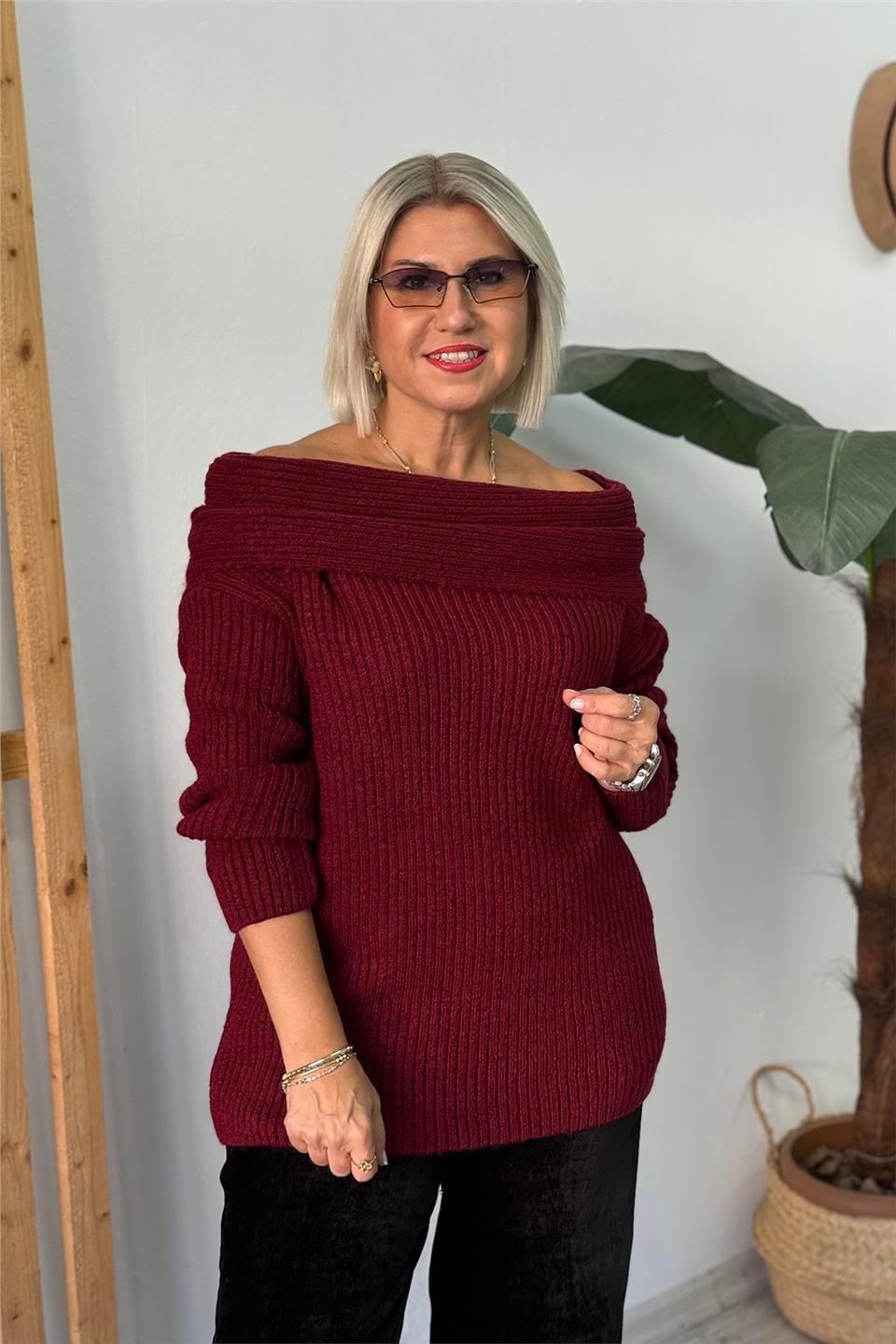 Bordo Madonna Yaka Örme Tunik KazakUT24111005-BORDO-STD