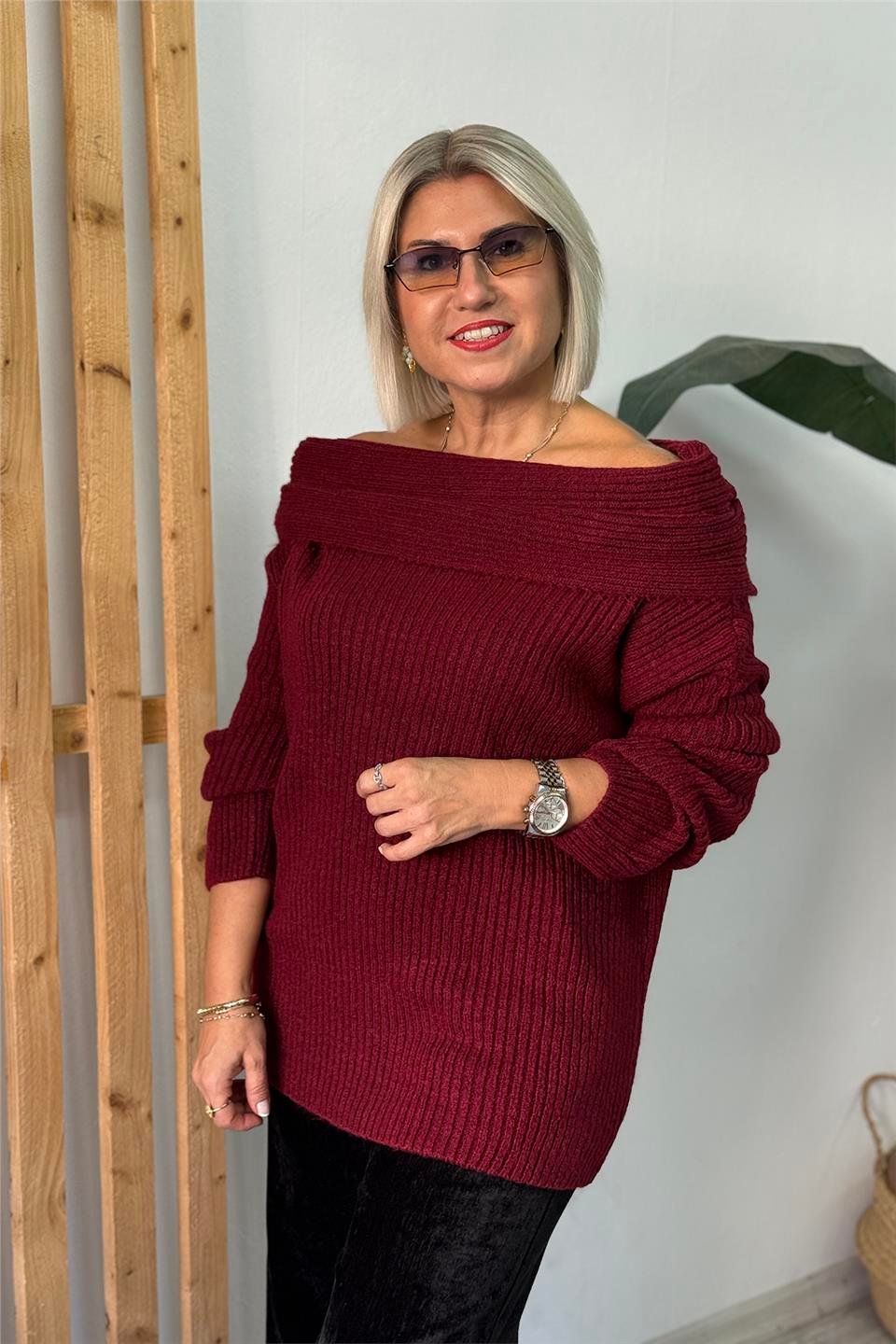 Bordo Madonna Yaka Örme Tunik KazakUT24111005-BORDO-STD