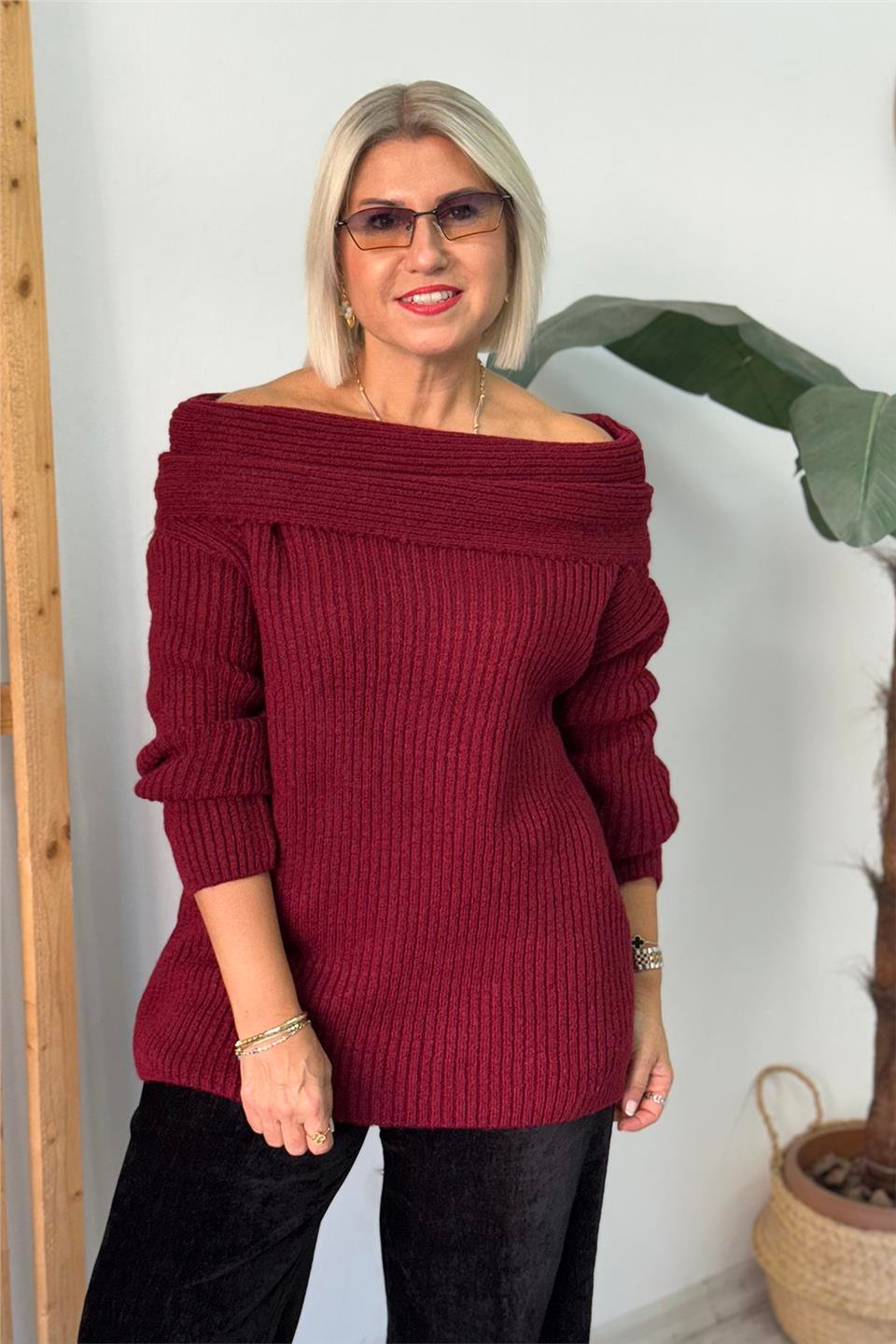Bordo Madonna Yaka Örme Tunik KazakUT24111005-BORDO-STD