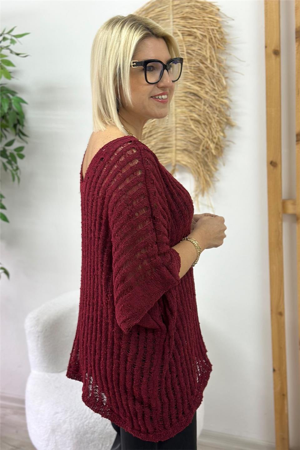 Bordo Ön Arka V Yaka Ajurlu Salaş TrikoUT24110965-BORDO-STD
