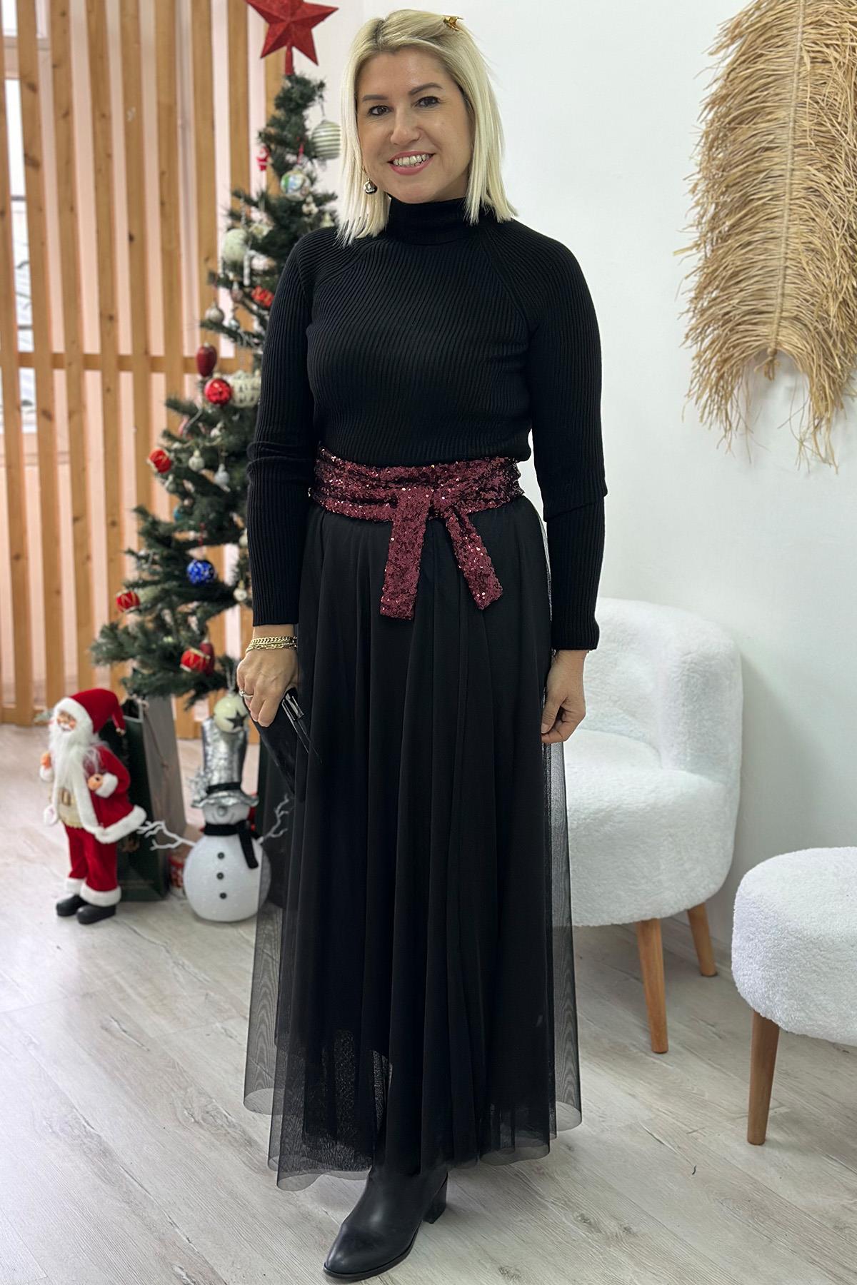 Bordo Payetli KuşakKMR2401227-BORDO-STD