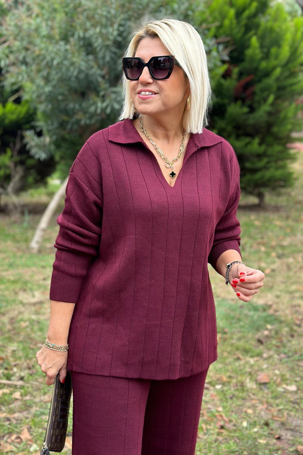 Bordo Polo Yaka Çizgi Desenli Triko TakımUK2260386-BORDO-STD