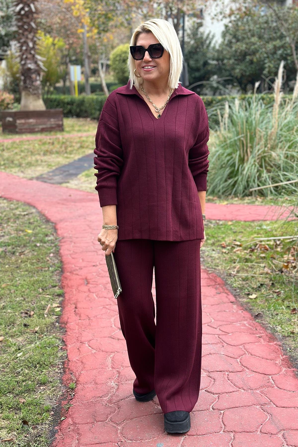 Bordo Polo Yaka Çizgi Desenli Triko TakımUK2260386-BORDO-STD