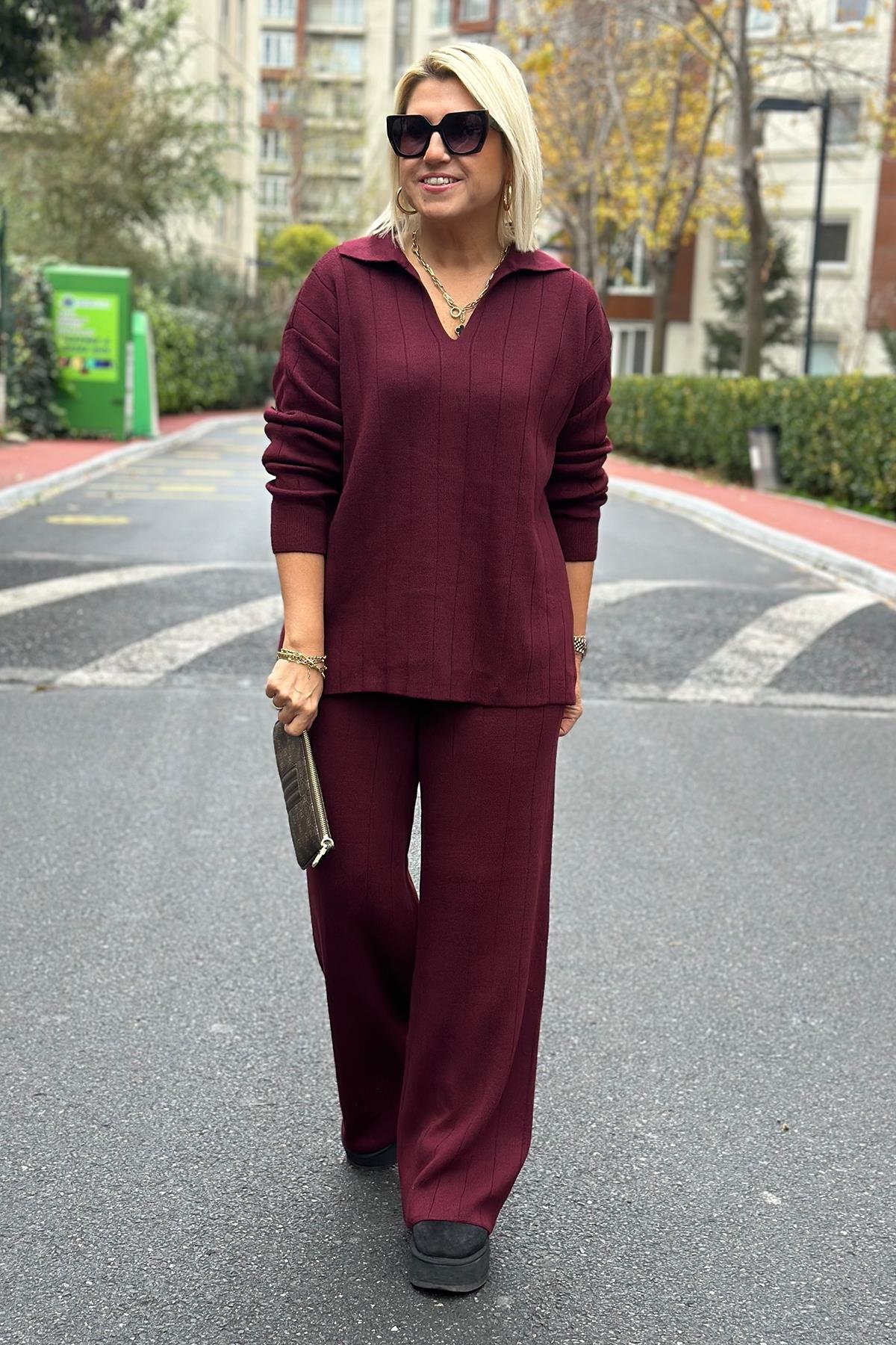 Bordo Polo Yaka Çizgi Desenli Triko TakımUK2260386-BORDO-STD