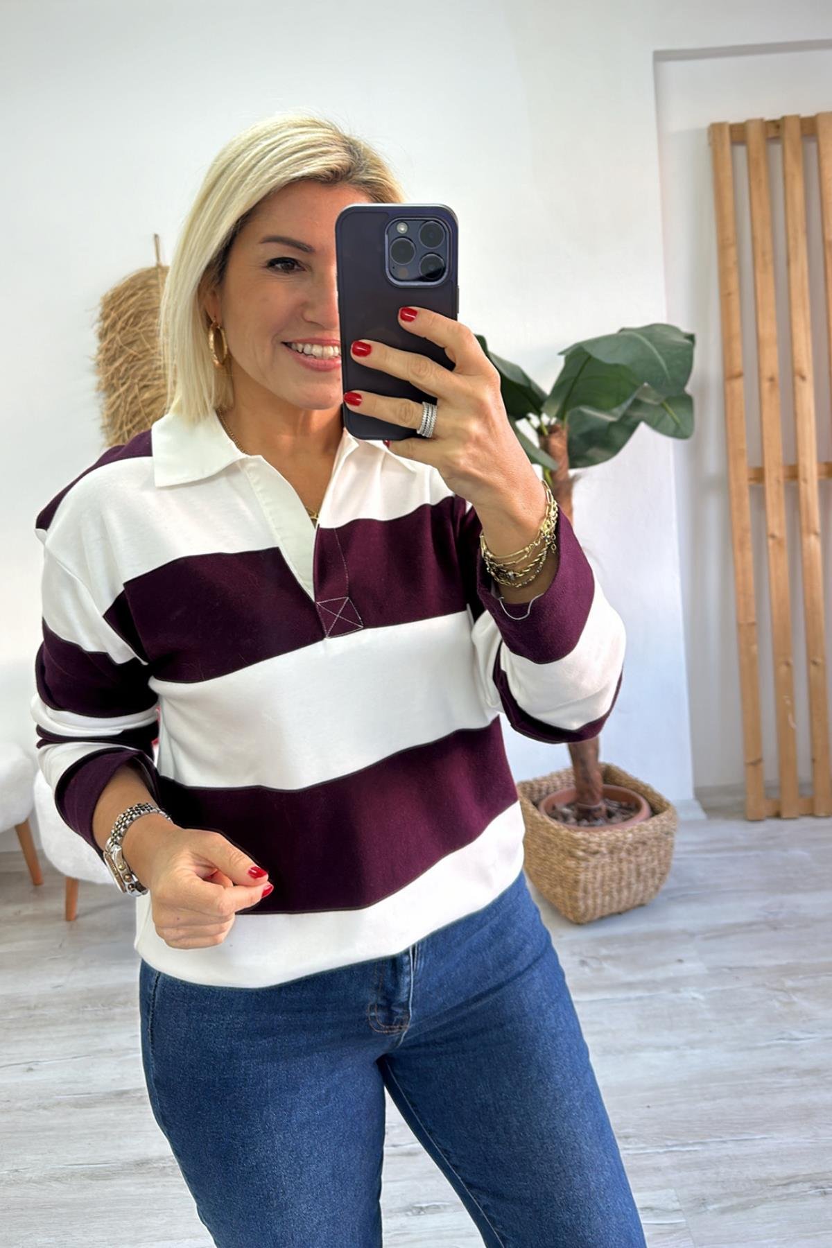 Bordo Polo Yaka Çizgili Uzun Kol TshirtUTS241130-BORDO-S