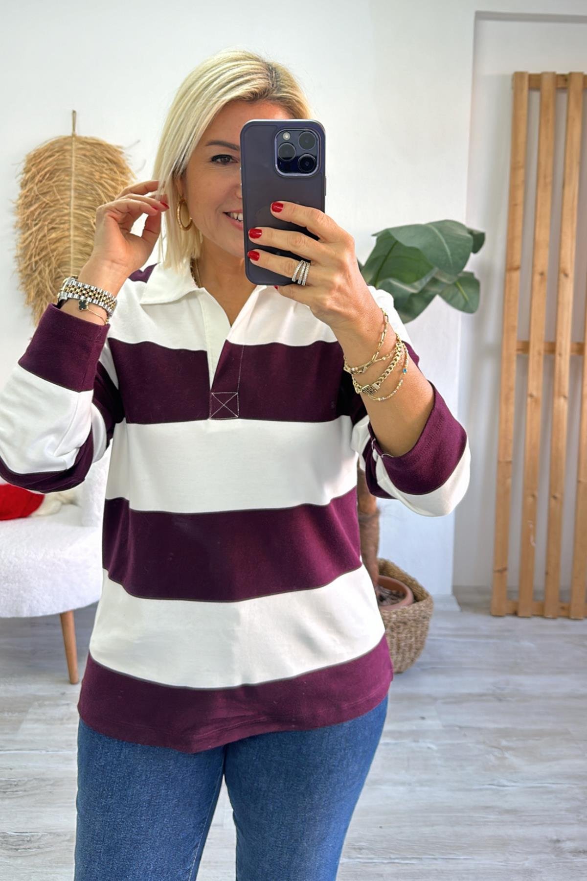 Bordo Polo Yaka Çizgili Uzun Kol TshirtUTS241130-BORDO-S