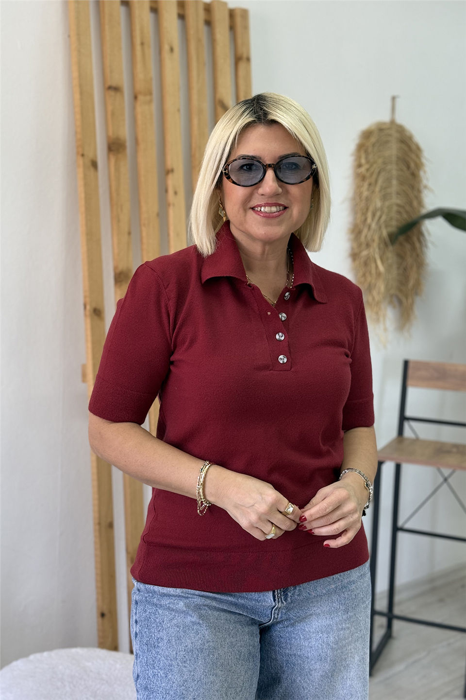 Bordo Polo Yaka Düğmeli Kısa Kol Viscose Lycralı TrikoUT26001040-BORDO-STD