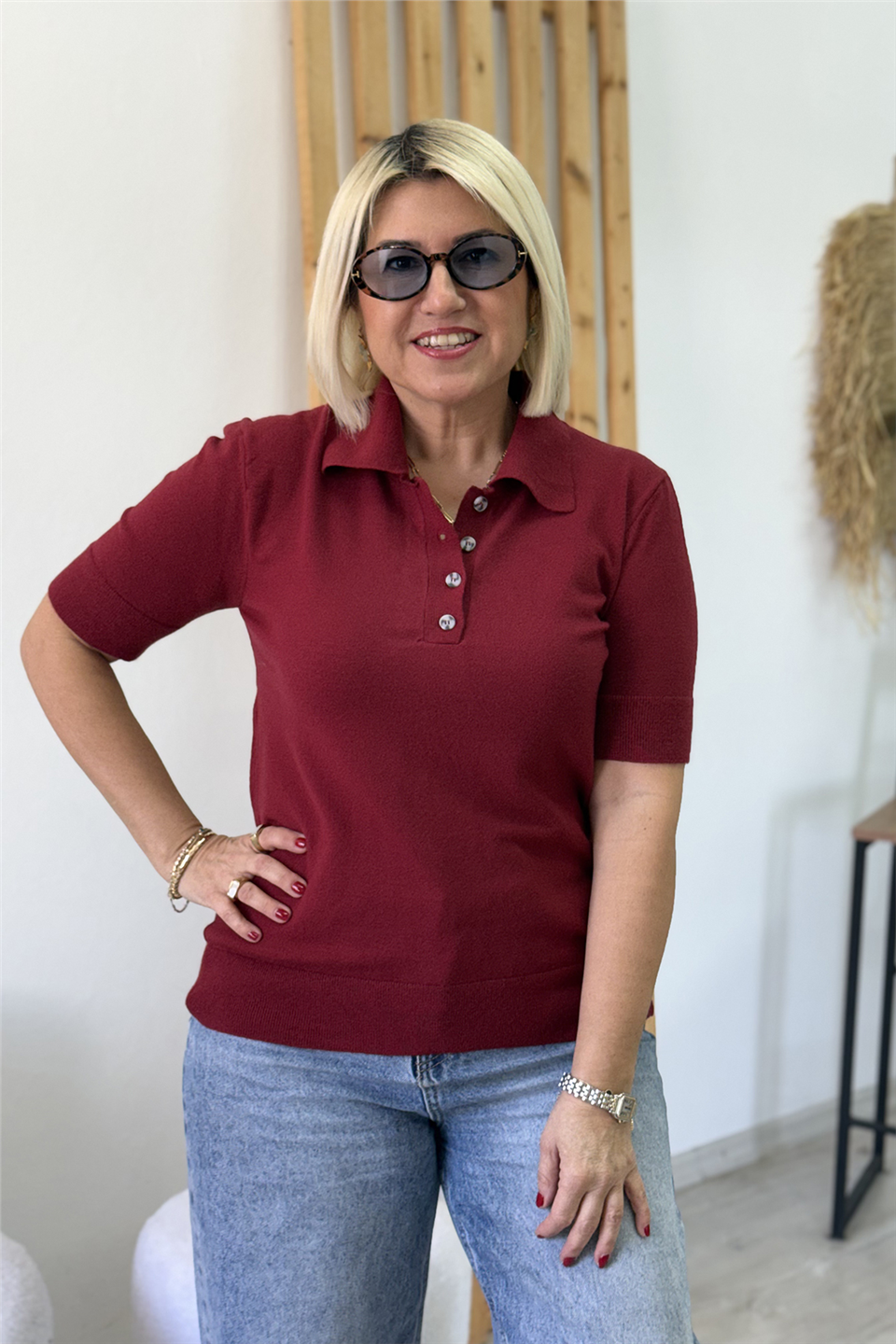 Bordo Polo Yaka Düğmeli Kısa Kol Viscose Lycralı TrikoUT26001040-BORDO-STD