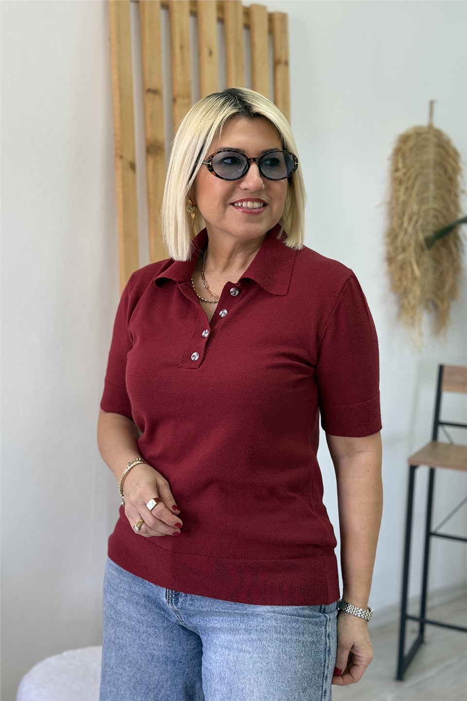 Bordo Polo Yaka Düğmeli Kısa Kol Viscose Lycralı TrikoUT26001040-BORDO-STD