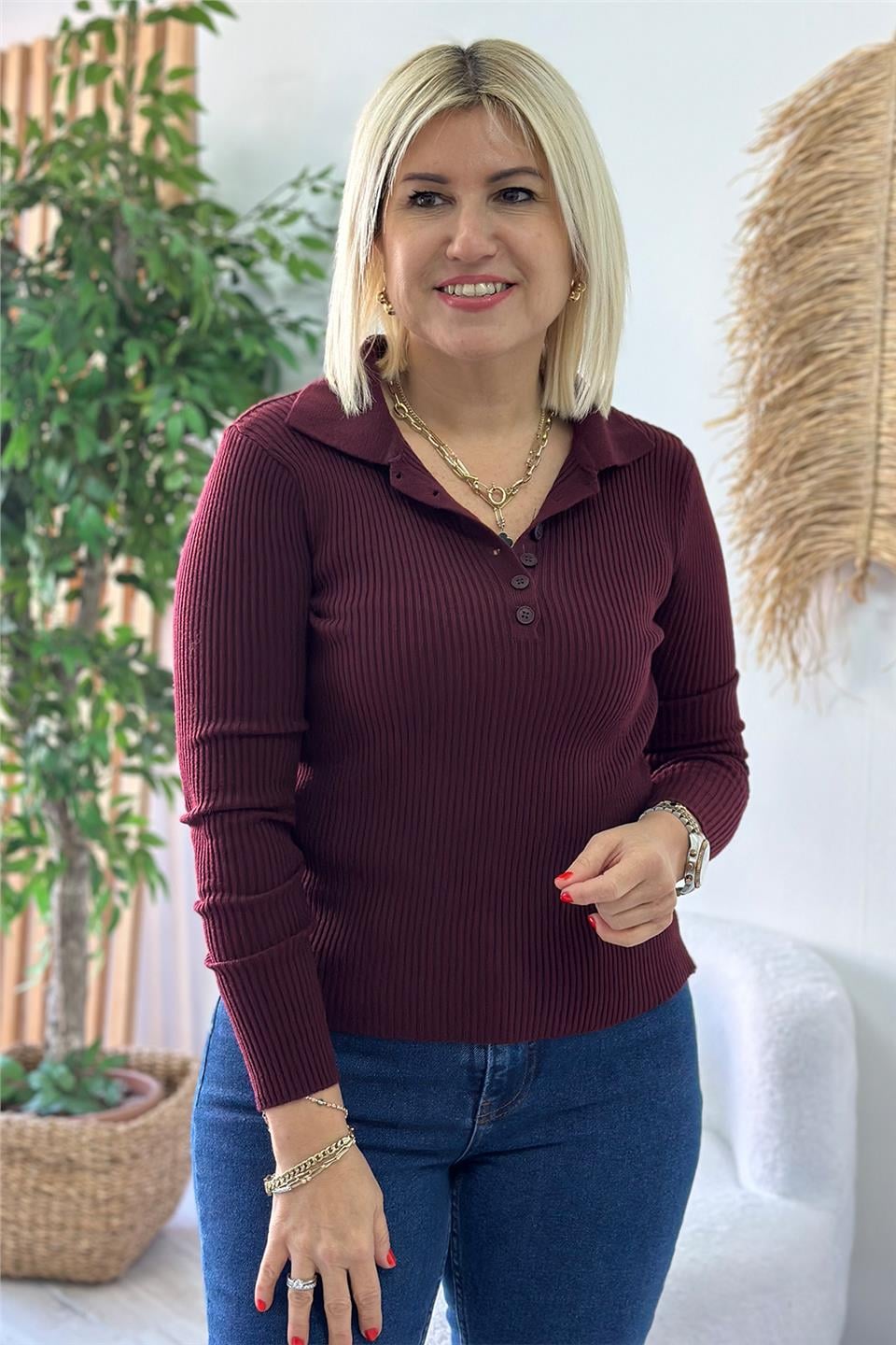 Bordo Polo Yaka Yarım Paylı Fitilli TrikoUT24110954-BORDO-STD