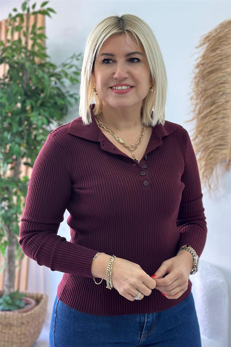 Bordo Polo Yaka Yarım Paylı Fitilli TrikoUT24110954-BORDO-STD