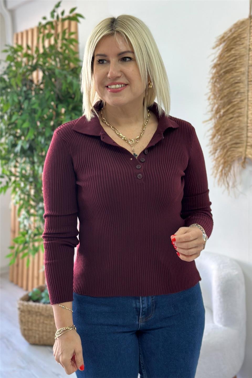 Bordo Polo Yaka Yarım Paylı Fitilli TrikoUT24110954-BORDO-STD