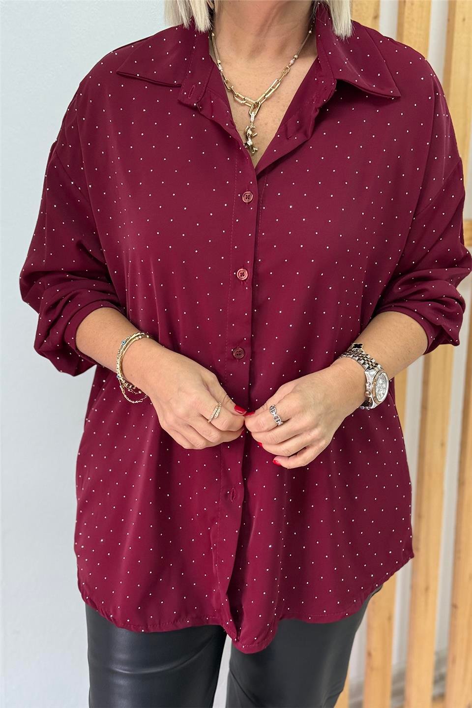 Bordo Pul Baskılı Şifon İthal GömlekUG02412144-BORDO-STD