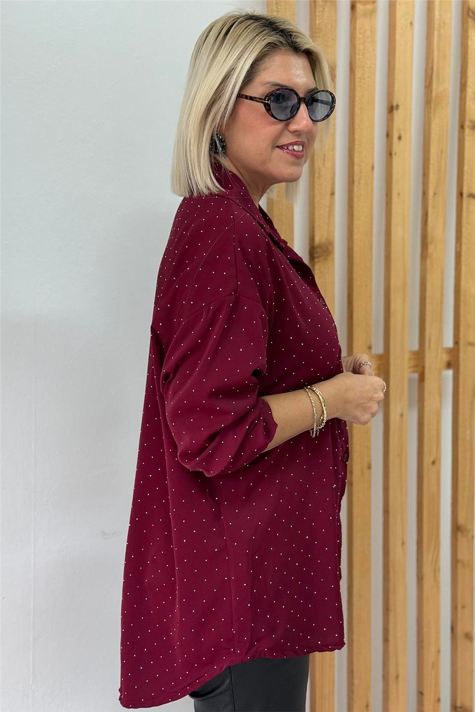 Bordo Pul Baskılı Şifon İthal GömlekUG02412144-BORDO-STD