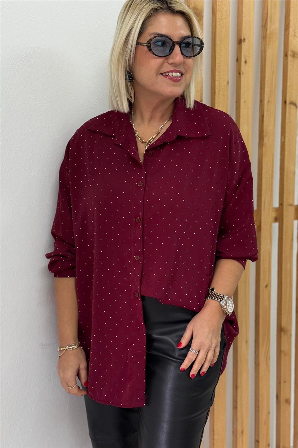 Bordo Pul Baskılı Şifon İthal GömlekUG02412144-BORDO-STD