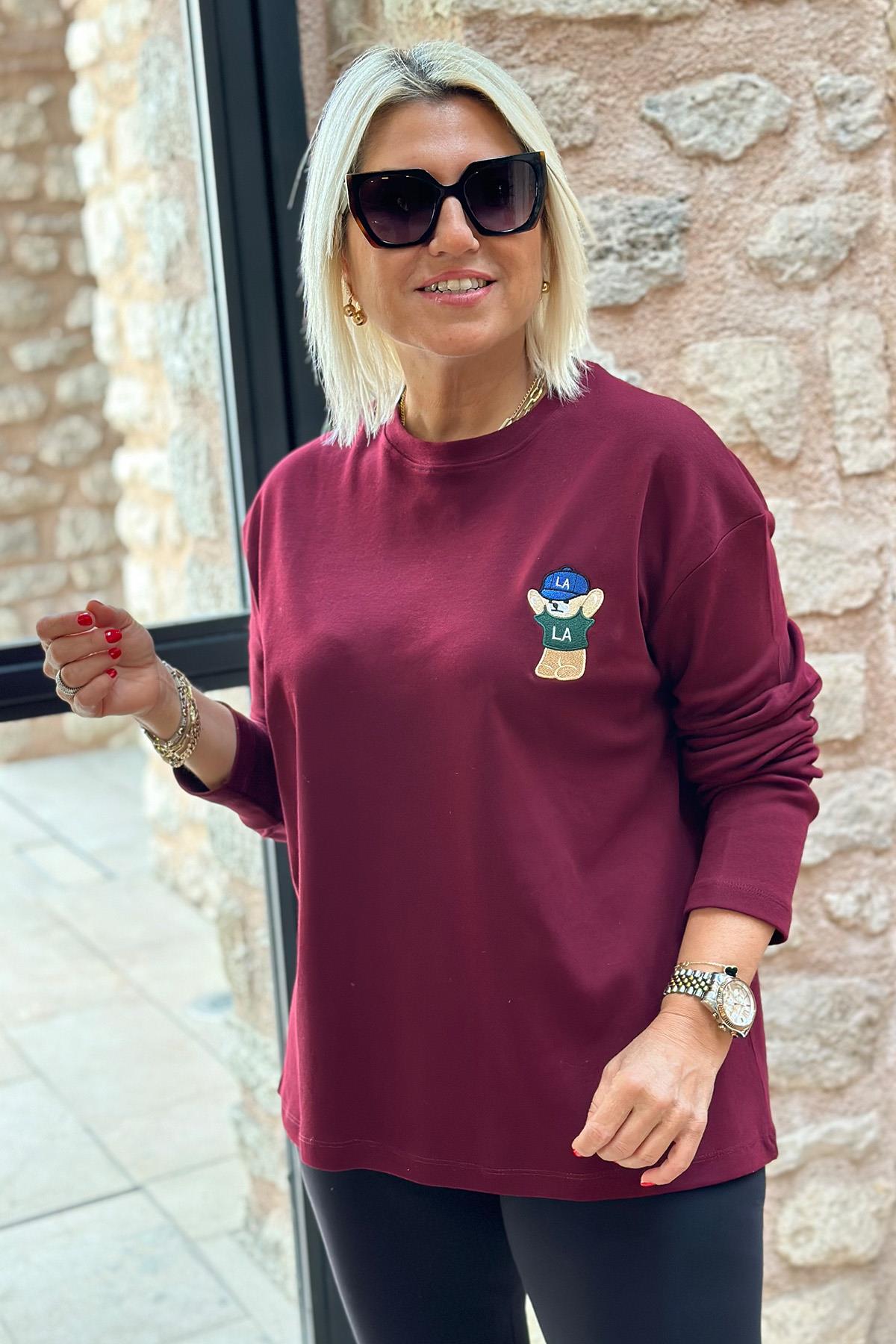 Bordo Teddy Nakışlı Uzun Kol Penye TshirtUY217077-BORDO-STD