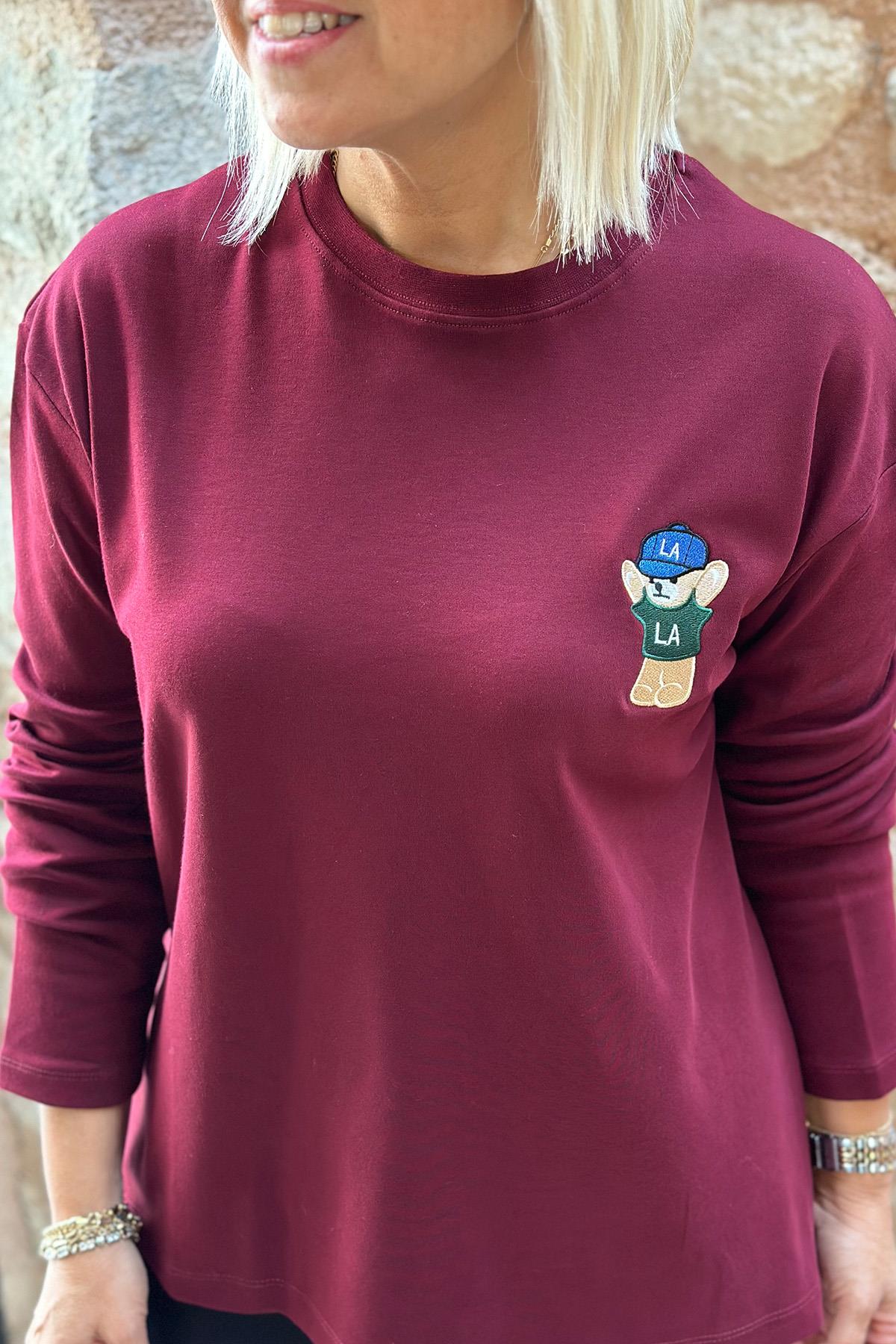 Bordo Teddy Nakışlı Uzun Kol Penye TshirtUY217077-BORDO-STD