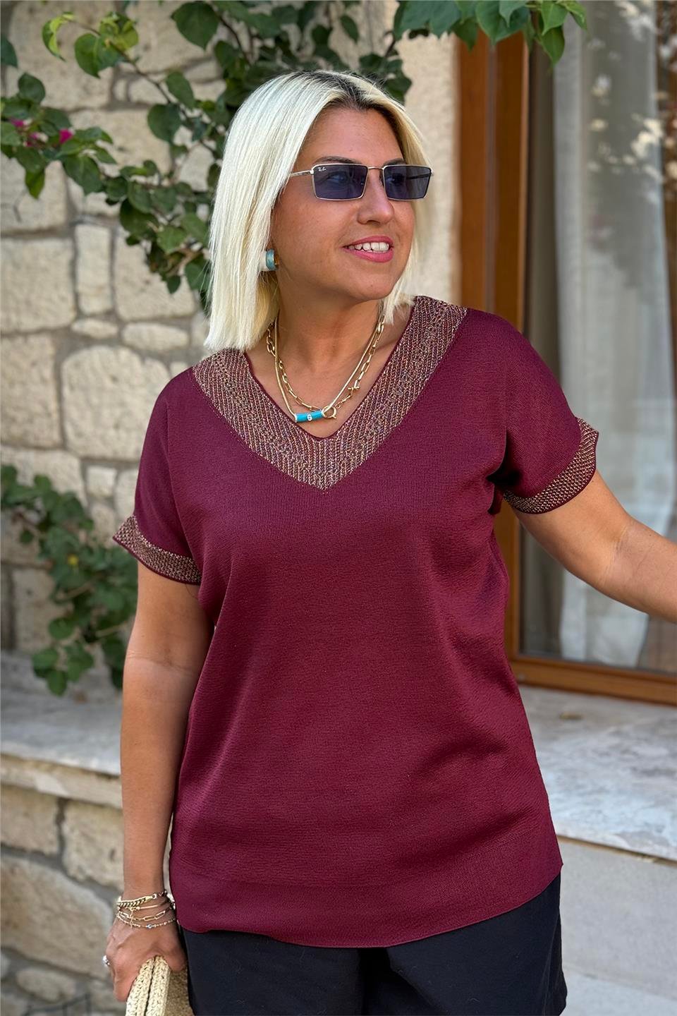 Bordo V Yaka Kol Sim Ajurlu Mevsimlik TrikoUT24110984-BORDO-STD