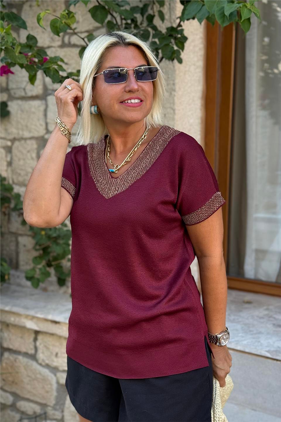 Bordo V Yaka Kol Sim Ajurlu Mevsimlik TrikoUT24110984-BORDO-STD