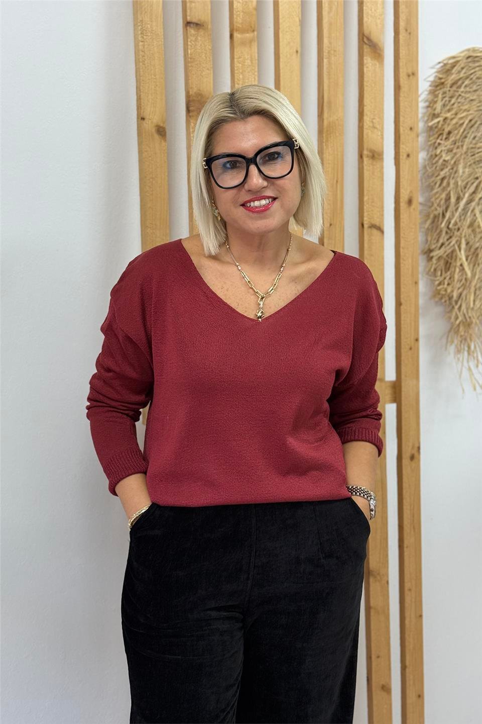 Bordo V Yaka Mevsimlik Düz TrikoUT24111014-BORDO-STD