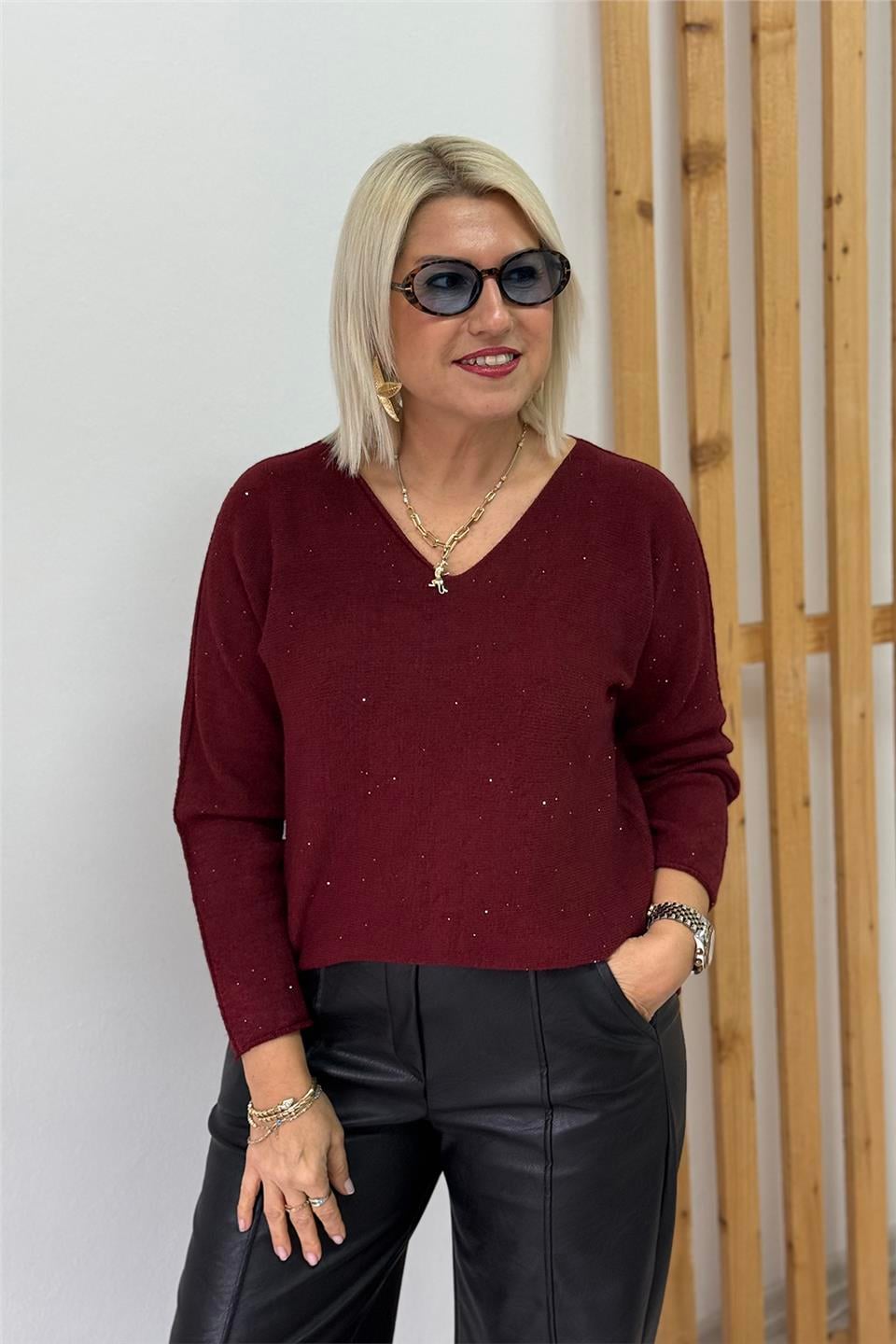 Bordo V Yaka Pullu Uzun Kol İthal TrikoUT24111047-BORDO-STD