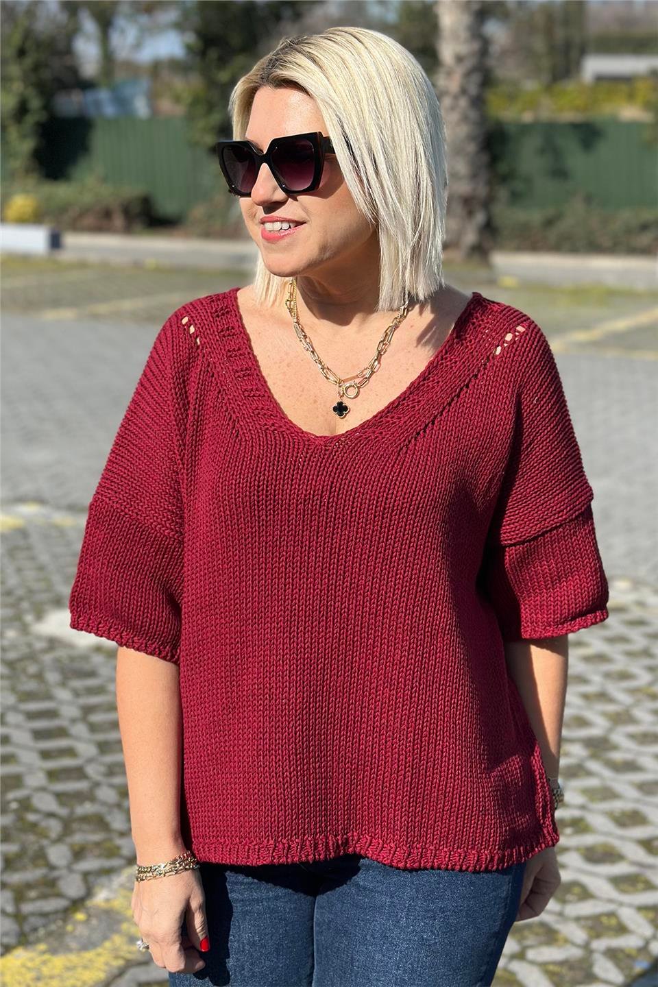 Bordo V Yaka Salaş Örme TrikoUT24110976-BORDO-STD
