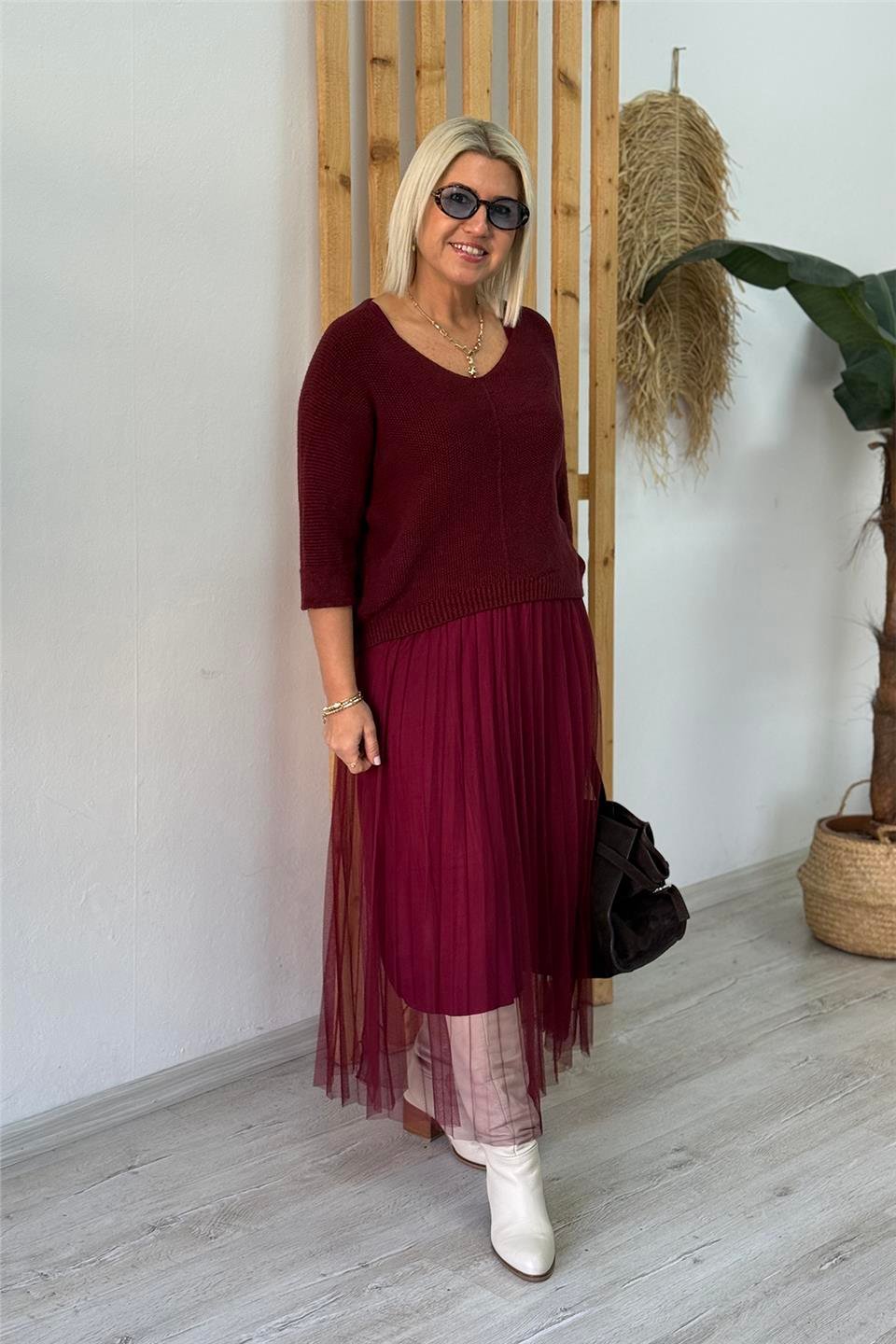 Bordo V Yaka Trikolu Tül ElbiseELB25013128-BORDO-STD
