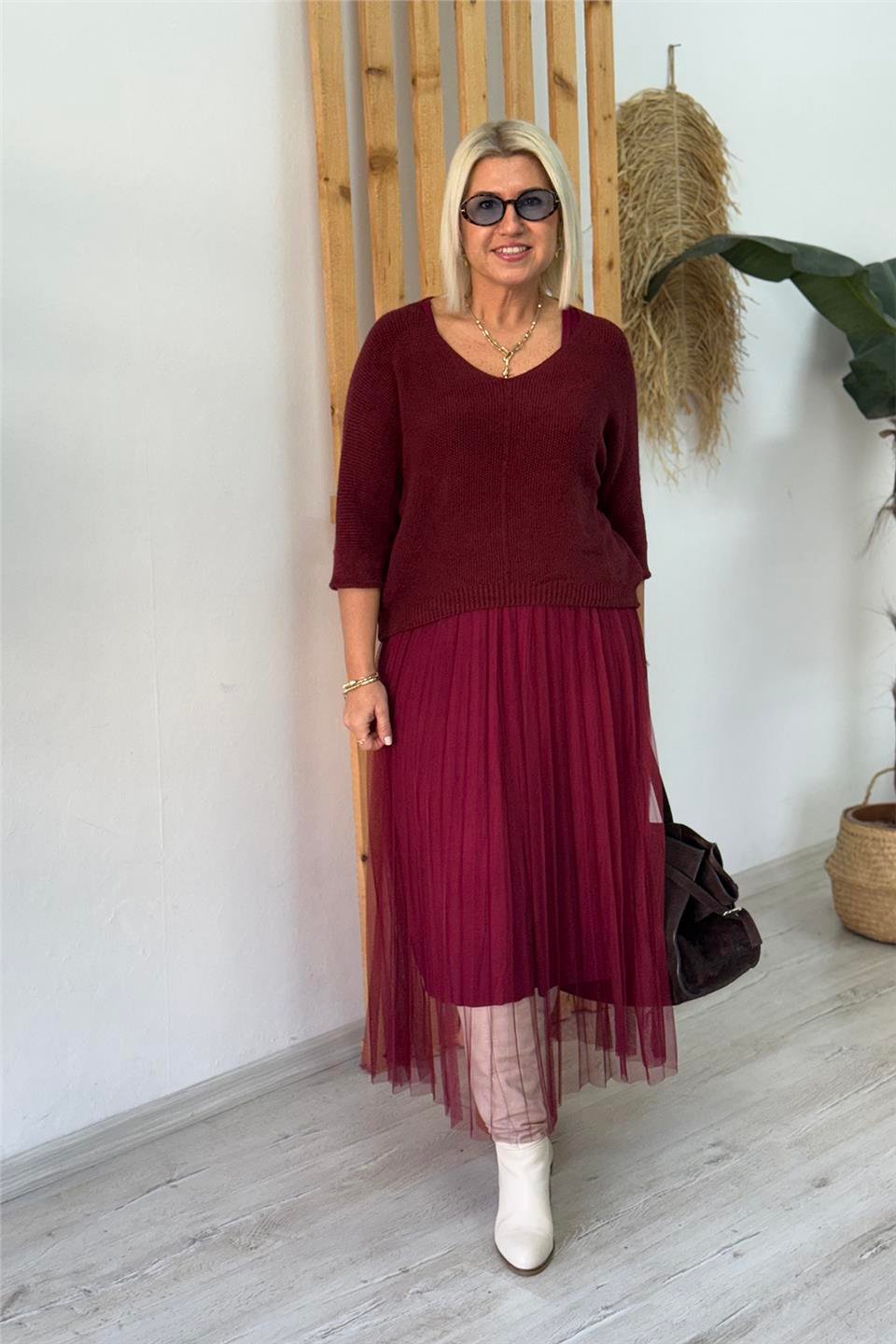 Bordo V Yaka Trikolu Tül ElbiseELB25013128-BORDO-STD