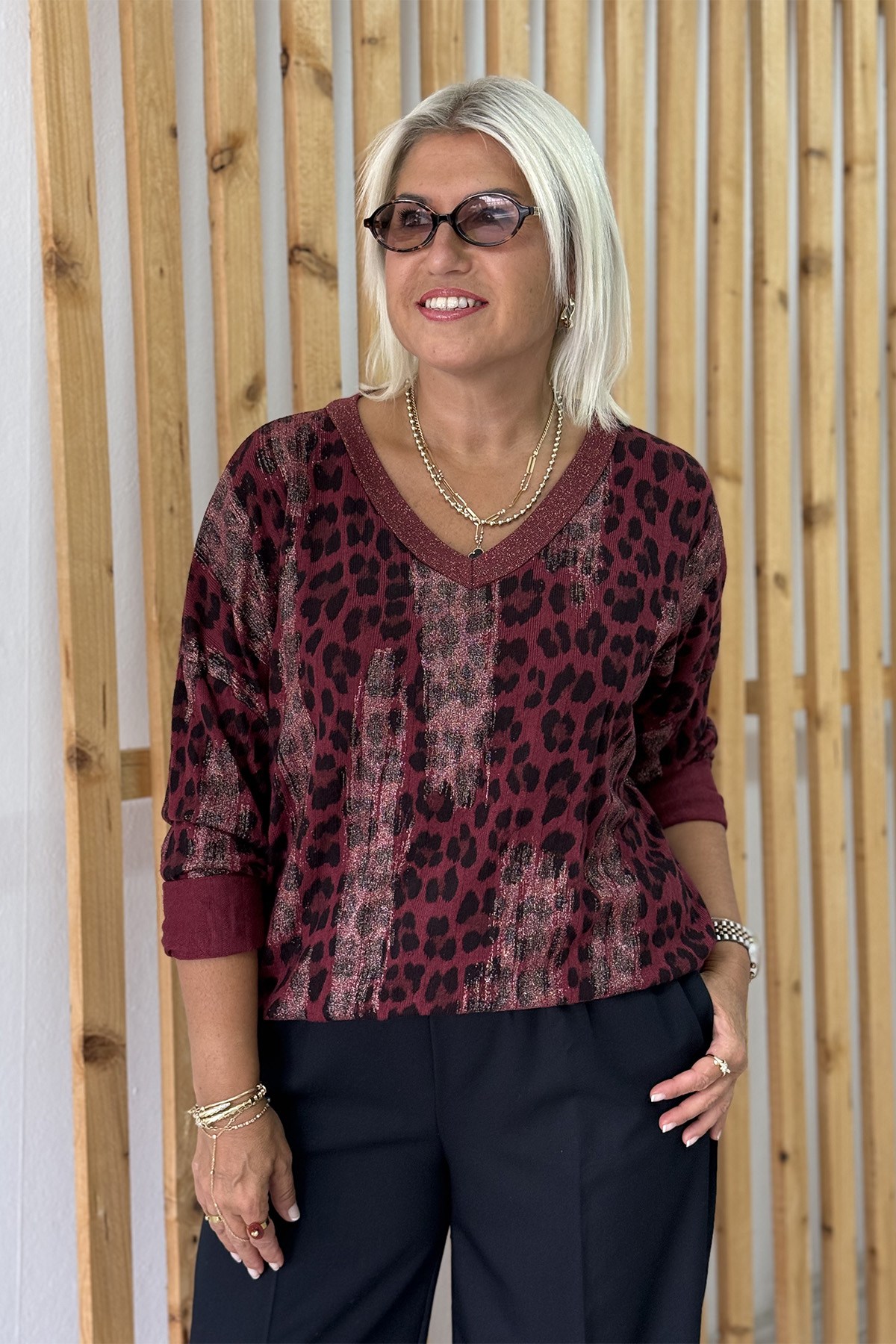 Bordo V Yaka Varak Baskılı Leopar BluzUT24111036-BORDO-STD