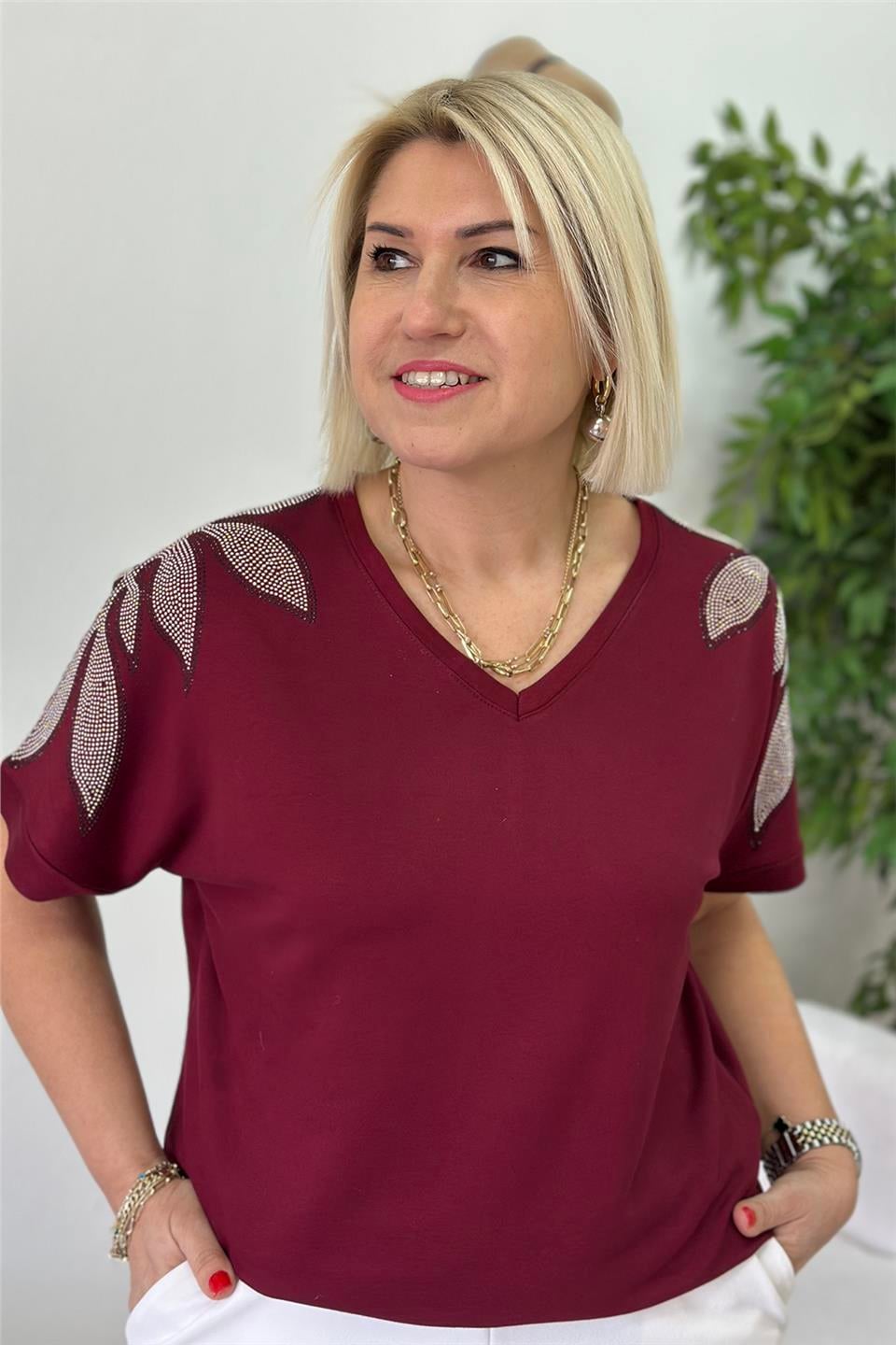 Bordo V Yaka Yaprak Desen Taş Baskılı Penye TShirtUTS25002064-BORDO-M/L