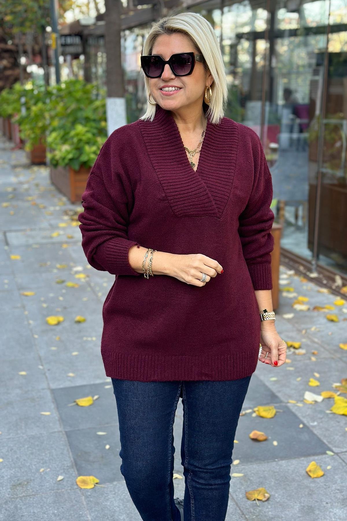 Bordo V Yaka Yumoş Tunik TrikoUT24110924-BORDO-STD