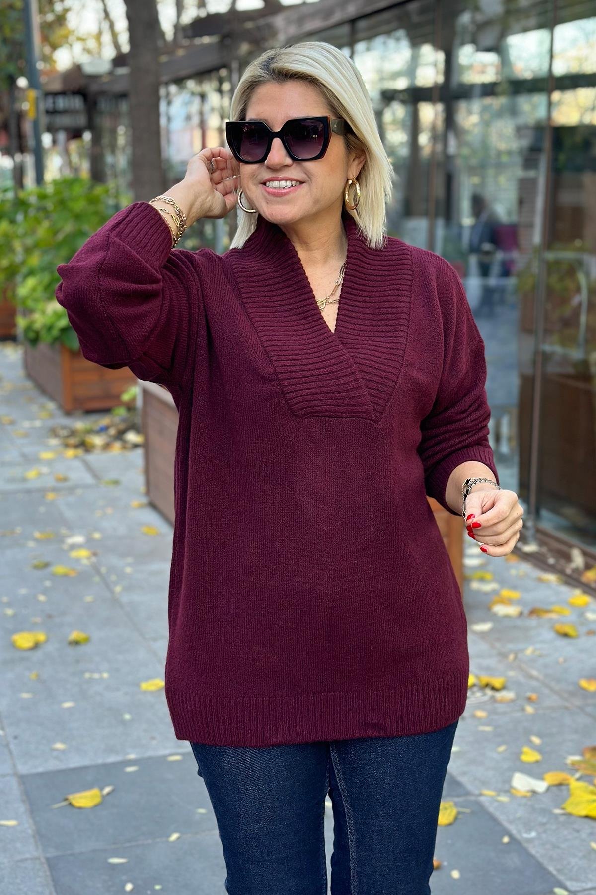 Bordo V Yaka Yumoş Tunik TrikoUT24110924-BORDO-STD