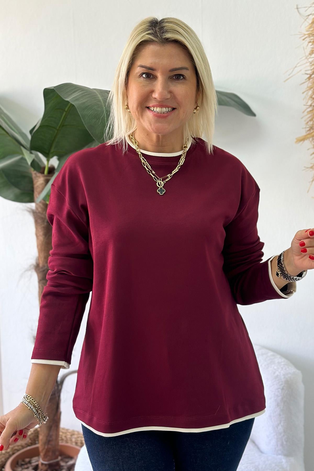 Bordo Yakası Biyeli Basıc TshirtUY217078-BORDO-STD