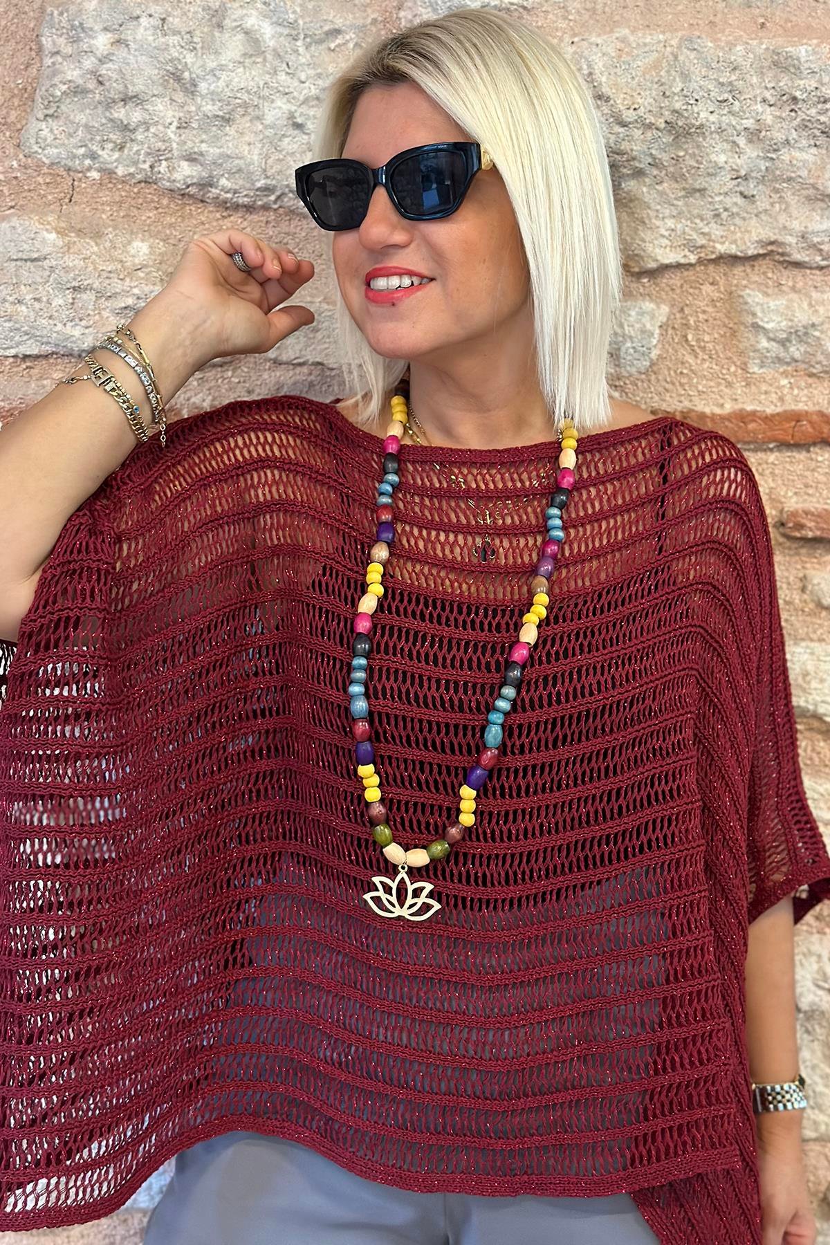 Bordo Yarasa Kol File TrikoUK22802015-BORDO-STD