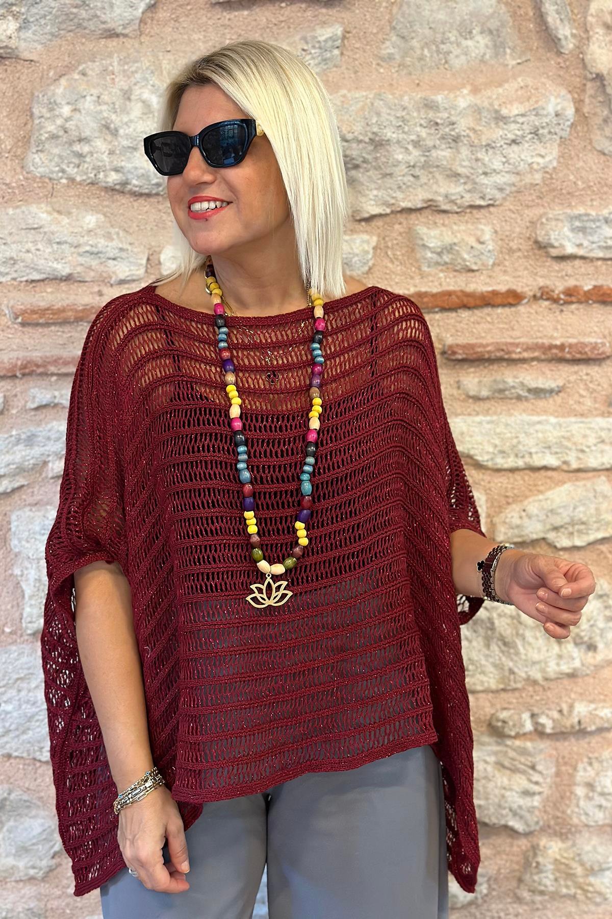 Bordo Yarasa Kol File TrikoUK22802015-BORDO-STD