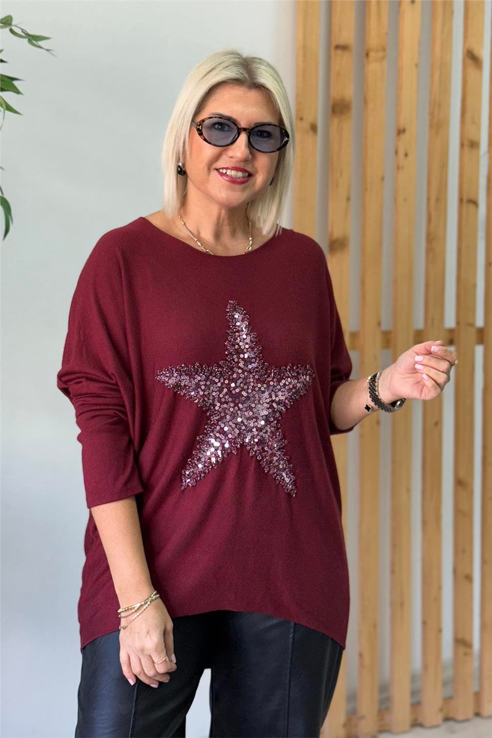 Bordo Yıldız İşlemeli Verev Kesim Tunik BluzUBL2412260-BORDO-STD