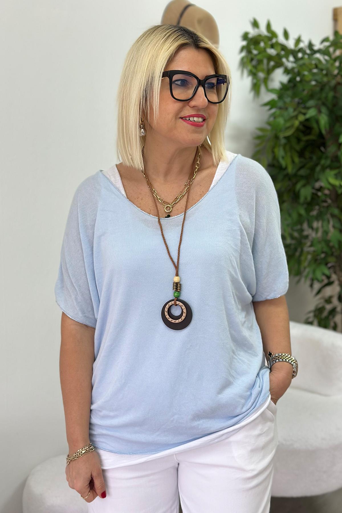 Buz Mavisi Tişört Detay Kolyeli Cotton BluzUBL2412234-BUZMAVISI-STD