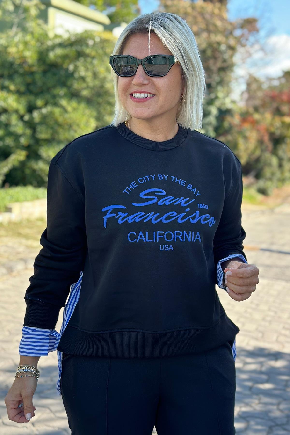 California Nakışlı Gömlek Garnili SweatUK2250144-SIYAH-S
