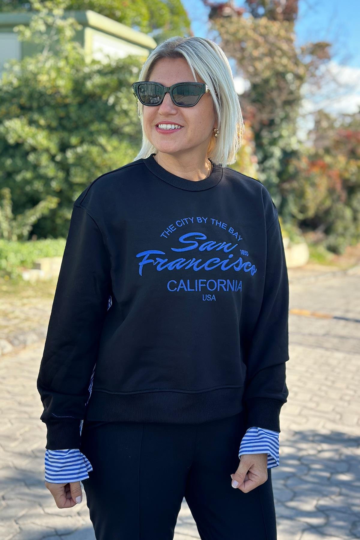 California Nakışlı Gömlek Garnili SweatUK2250144-SIYAH-S