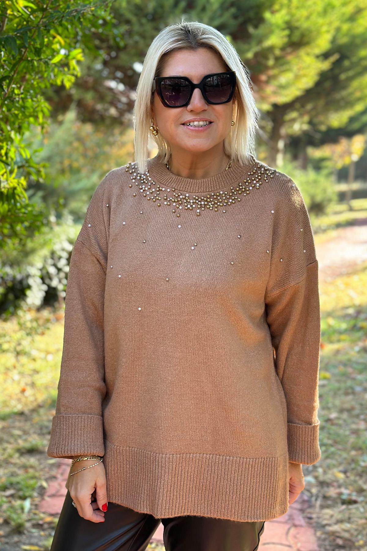 Camel Boncuk İşlemeli Salaş TrikoUT24110911-CAMEL-STD