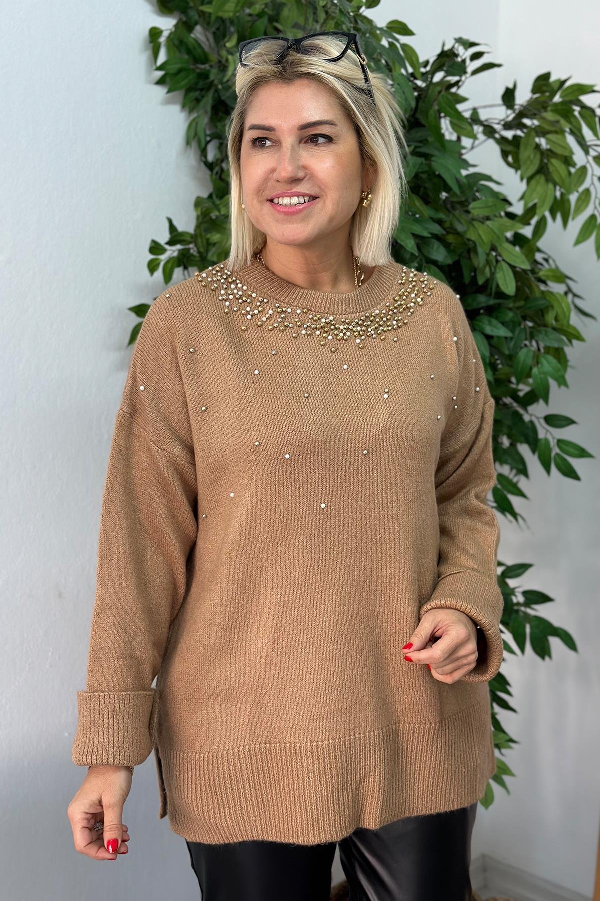 Camel Boncuk İşlemeli Salaş TrikoUT24110911-CAMEL-STD