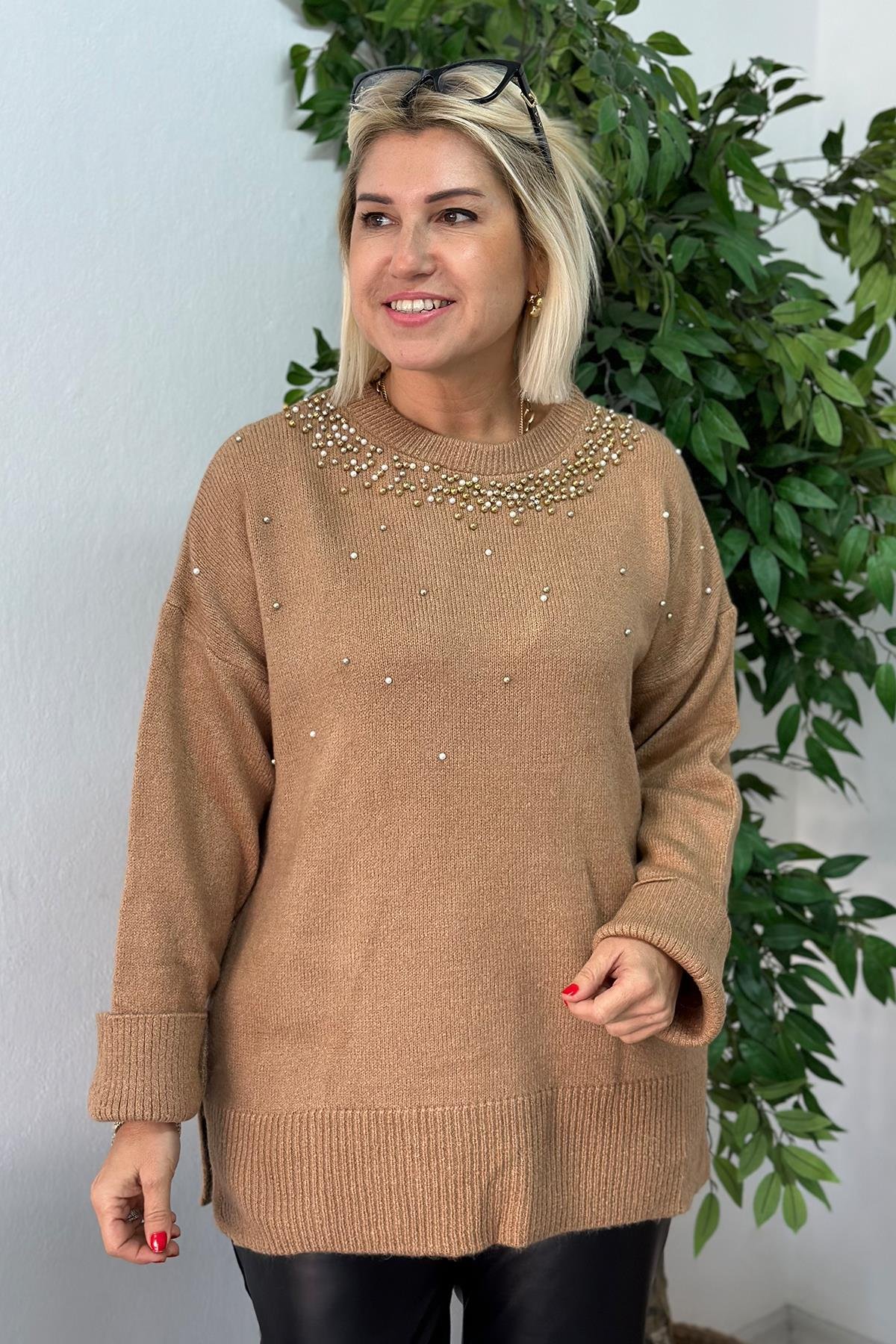 Camel Boncuk İşlemeli Salaş TrikoUT24110911-CAMEL-STD