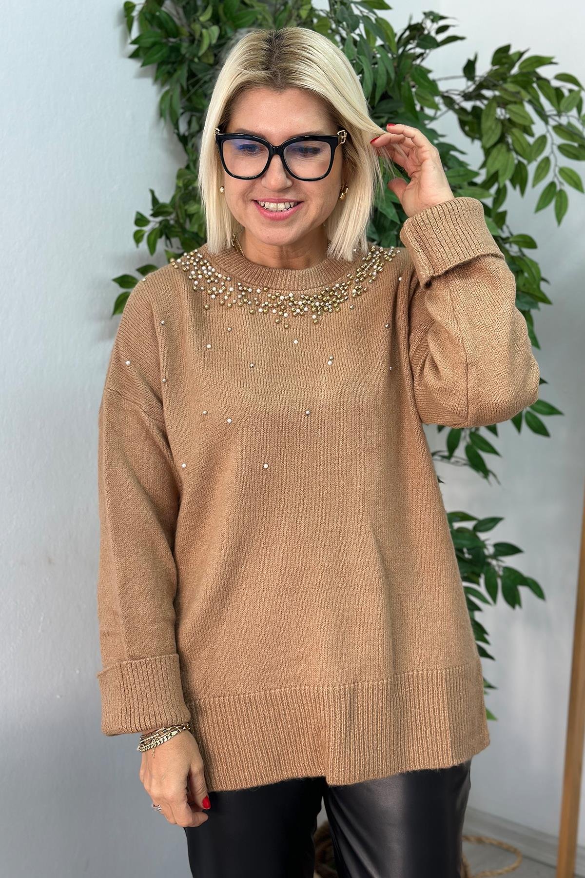 Camel Boncuk İşlemeli Salaş TrikoUT24110911-CAMEL-STD