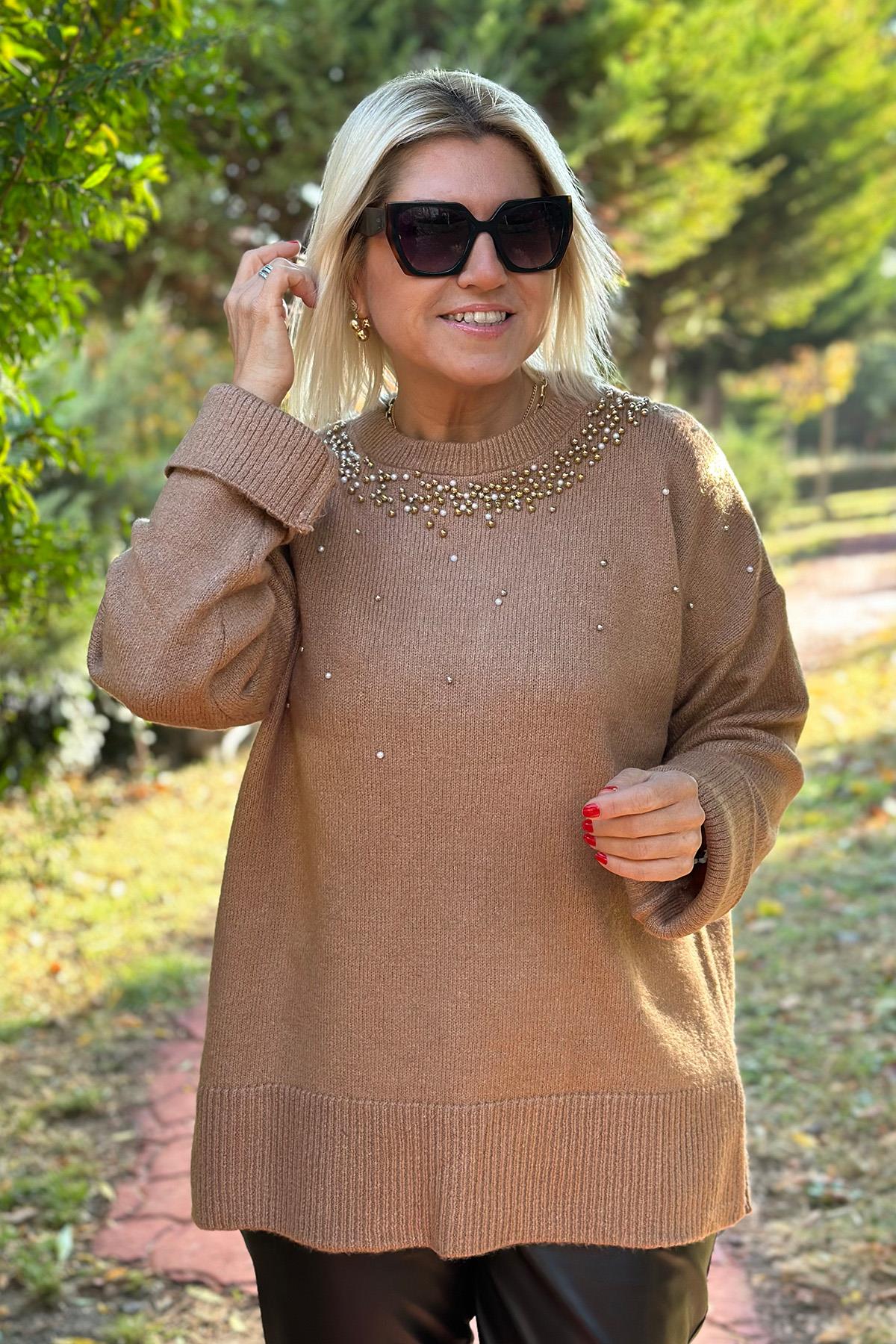 Camel Boncuk İşlemeli Salaş TrikoUT24110911-CAMEL-STD